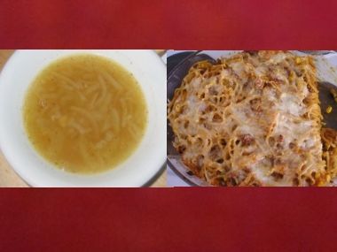 Oběd 2 - Cibulová polévka a zapečené špagety