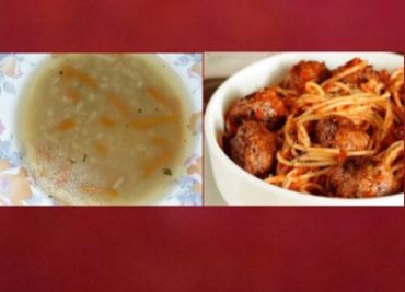 Oběd 31 - Kroupová polévka a špagety s kroketami
