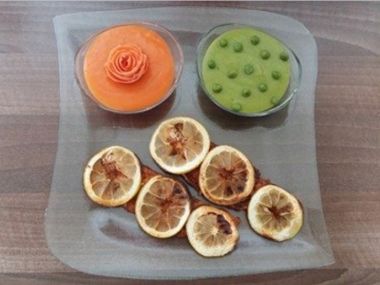 Filátko marinované v citrusech s karotkovým a hráškovým pyré